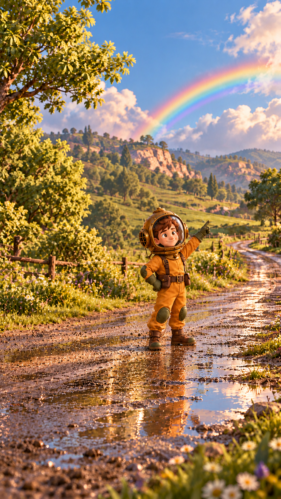 NERO pointing at a rainbow above a sunlit meadow